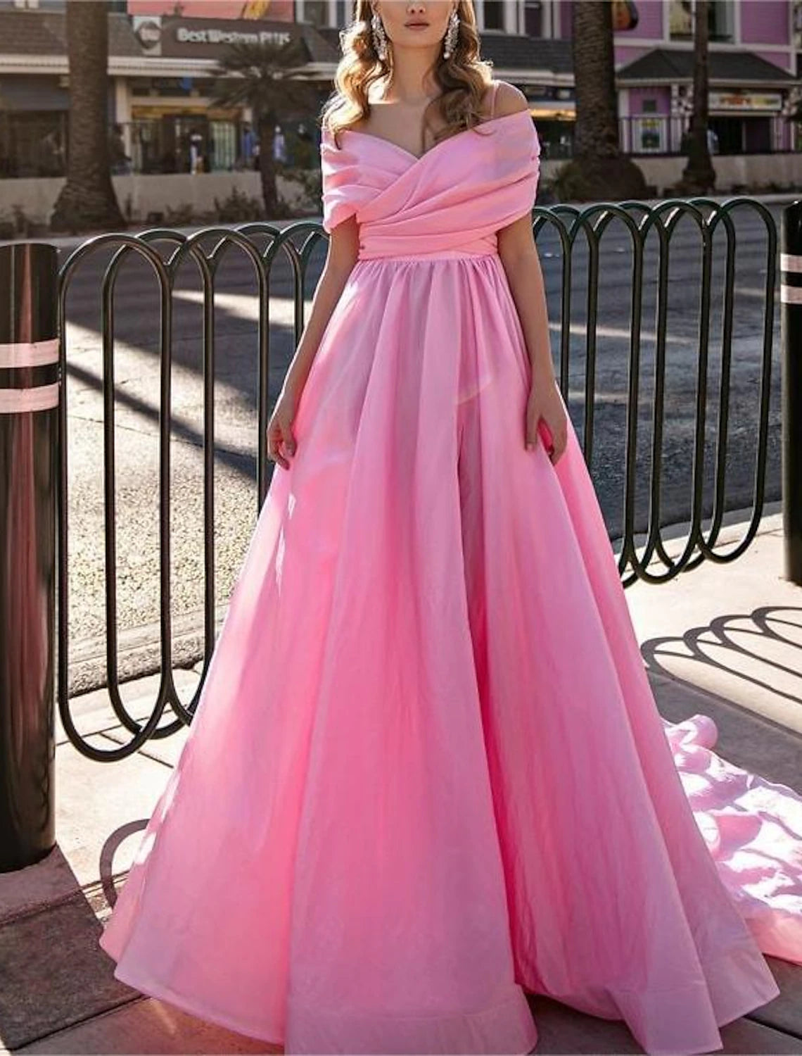 Women's Evening Wear Attire Ball Gown Prom Dresses High Split Dress Wedding Prom Court Train Short Sleeve Off Shoulder Stretch Chiffon with Slit