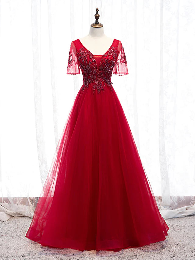 Women's Chic Outerwear Outfit Prom Dresses Luxurious Dress Wedding Guest Floor Length Short Sleeve Spaghetti Strap Tulle with Beading Appliques