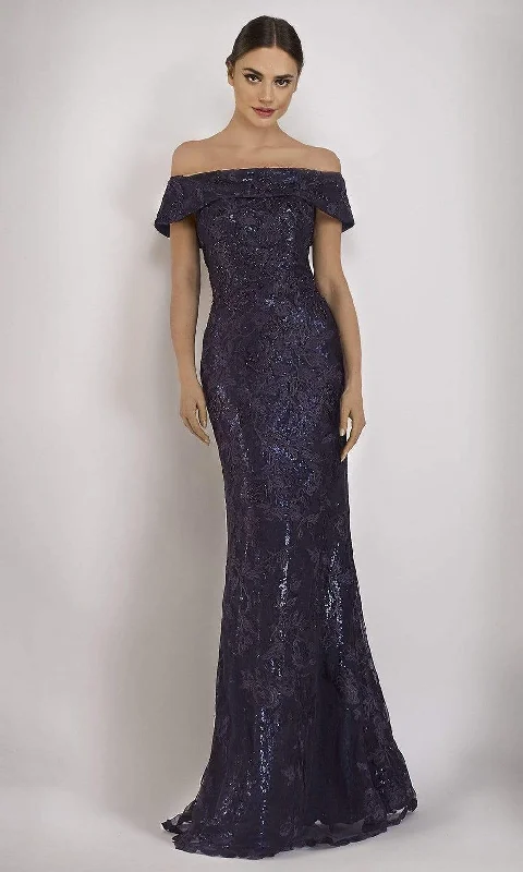 Women's Resort Attire Janique - W2520 Beaded Lace Off-Shoulder Trumpet Gown - 1 pcs Navy in Size 12 Available