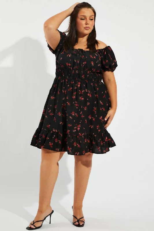 Women's Trendy Clothing Black Floral Fit And Flare Dress Short Sleeve Ruched Bust