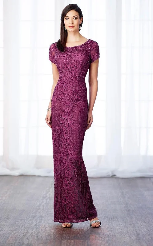 Women's Chic Apparel Mon Cheri Short Sleeve Jeweled Lace Sheath Gown 217637 - 1 pc Dark Raspberry In Size 6 Available