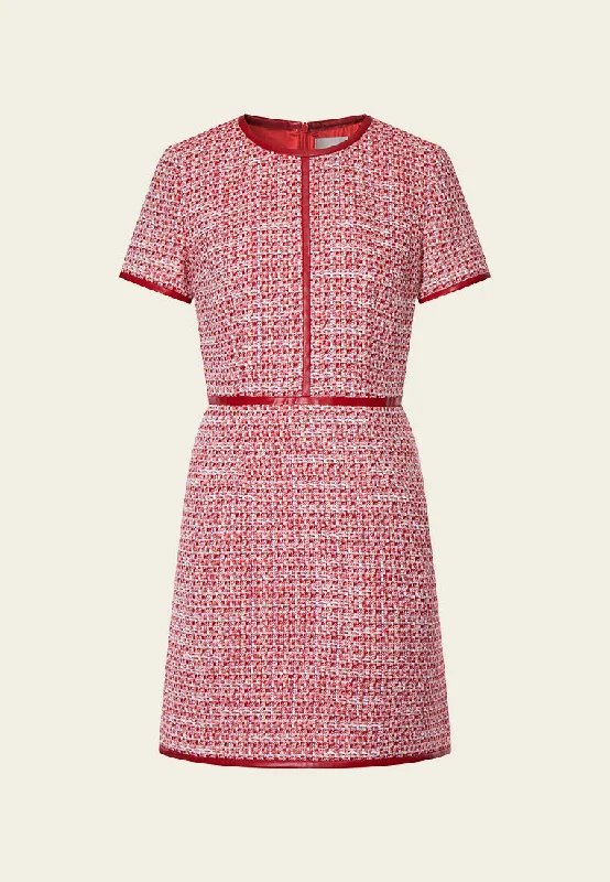 Women's Party Clothes Red Leather-trimmed Tweed Mini Dress