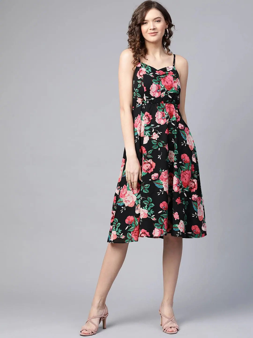 Women's Attire Black Floral Strapy Midi Dress