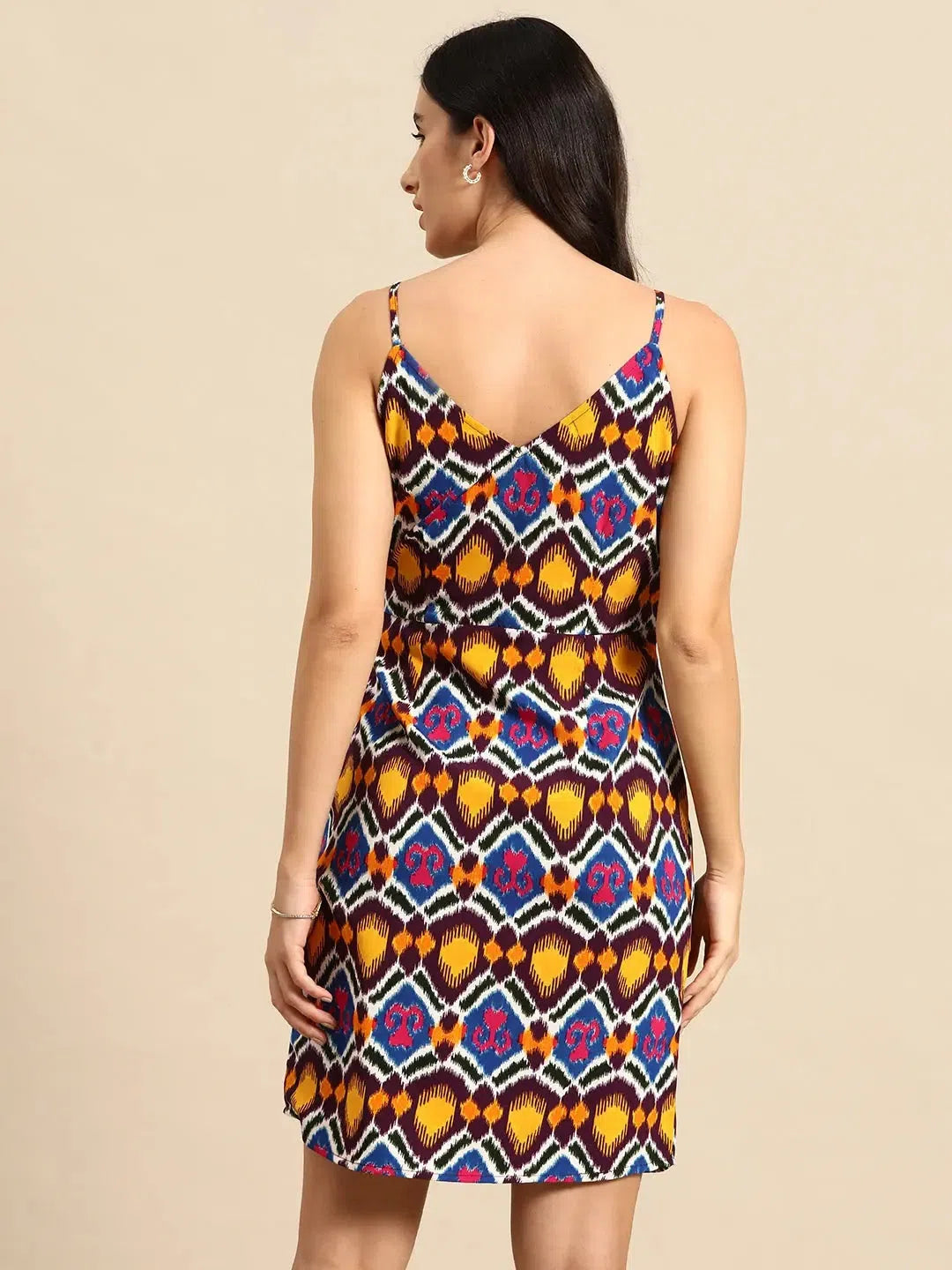 Charming Women's Clothes For Special Events Overlap Mini Dress with side tie up in Multi color Ikkat Print