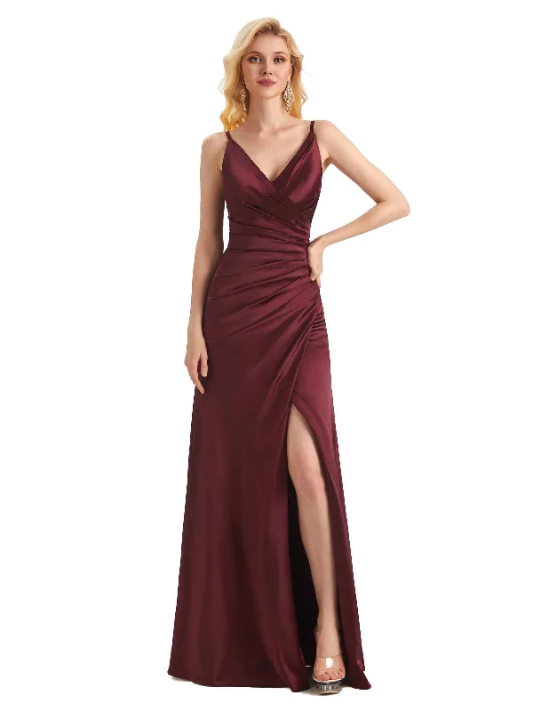 Women's Office Clothing Sexy Side Slit Soft Satin Formal Long Wedding Guest Dresses Online