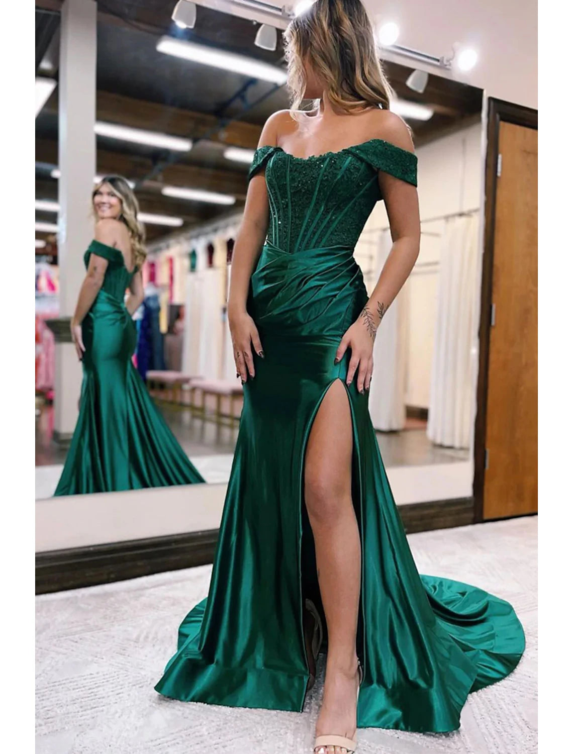 Women's Fashionable Attire For Work Mermaid / Trumpet Evening Gown Empire Dress Formal Wedding Guest Court Train Sleeveless Off Shoulder Imitation Silk with Slit Appliques