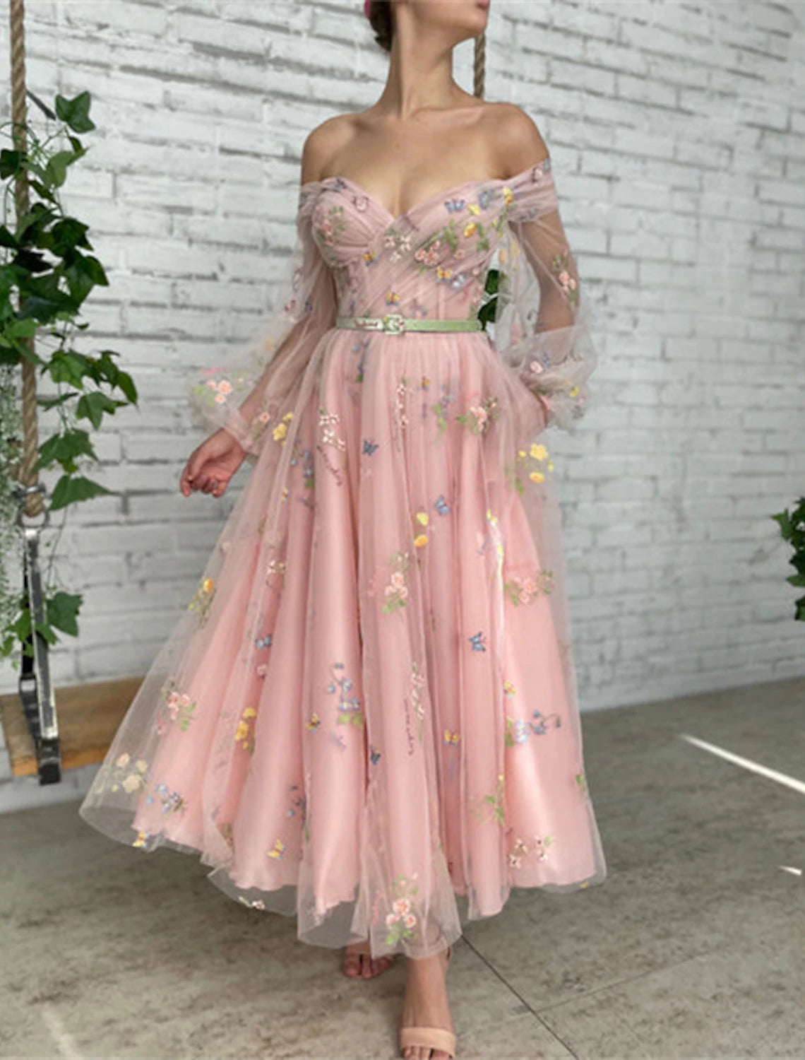 Chic Clothes For Women A-Line Prom Dresses Floral Dress Birthday Garden Party Ankle Length Long Sleeve Off Shoulder Fall Wedding Guest Lace with Embroidery Appliques