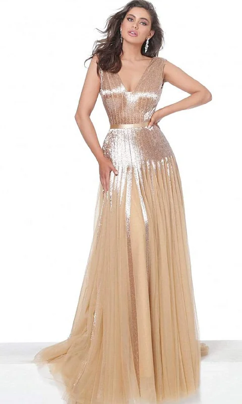 Stylish Women's Garments For Holidays Jovani - 65830 Gold Beaded V Neck A-Line Gown