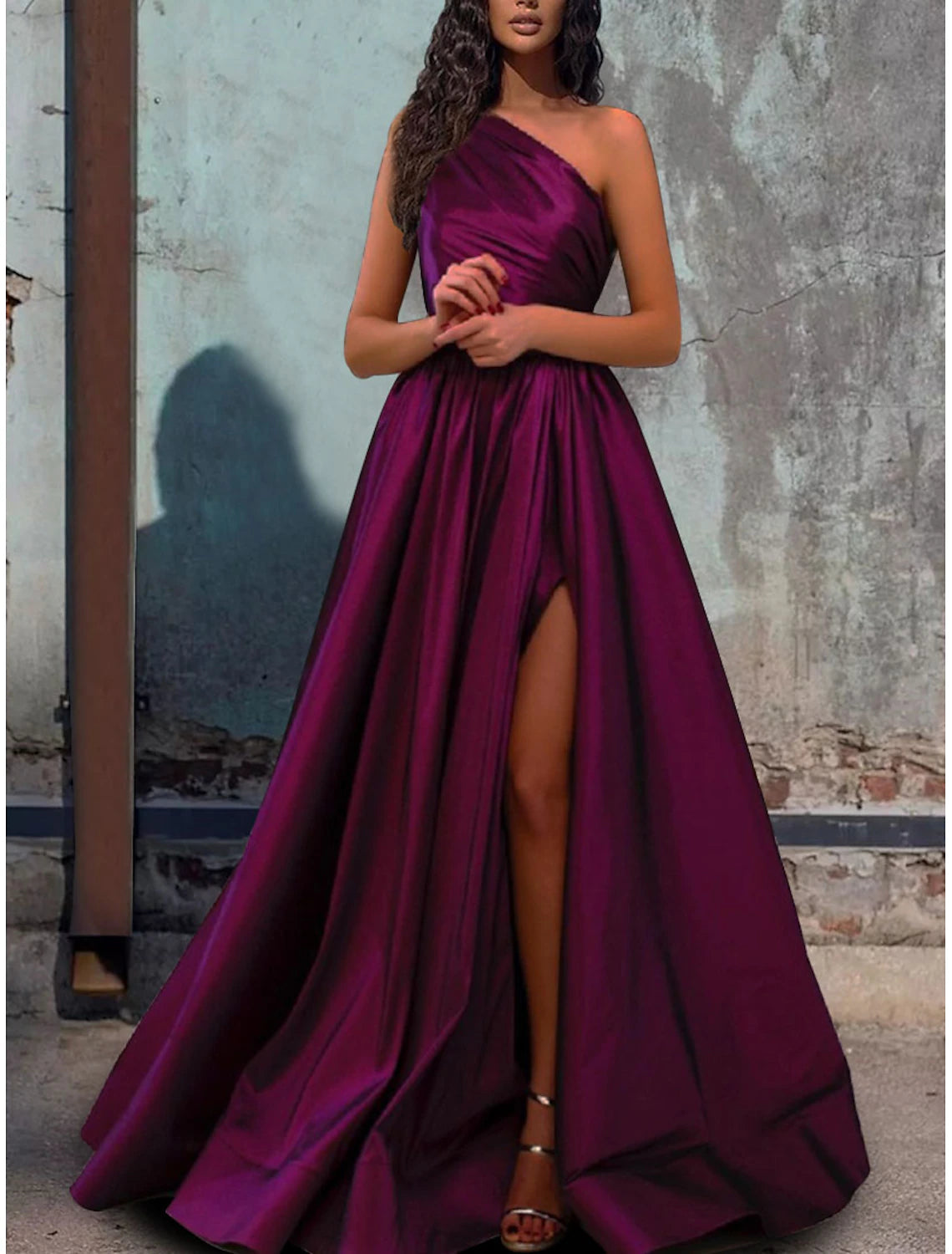 Women's Formal Clothes A-Line Evening Gown Elegant Dress Wedding Guest Engagement Floor Length Sleeveless One Shoulder Satin with Pleats Slit