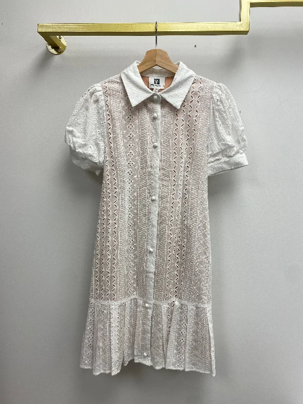 Women's Work Apparel Short Sleeve White Eyelet Belted Mini Dress