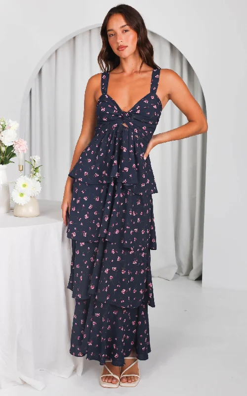 Women's Vintage Clothes Cherika Maxi Dress - Charcoal Navy Floral