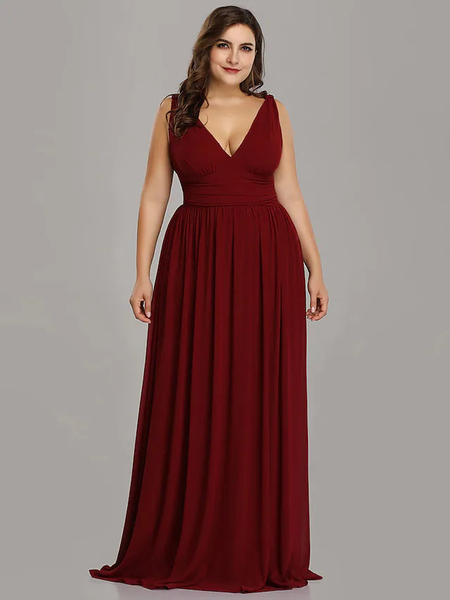 Women's Plus-Size Clothes Plus Size Wedding Guest Formal Evening Dress V Neck V Back Sleeveless Floor Length Chiffon with Pleats