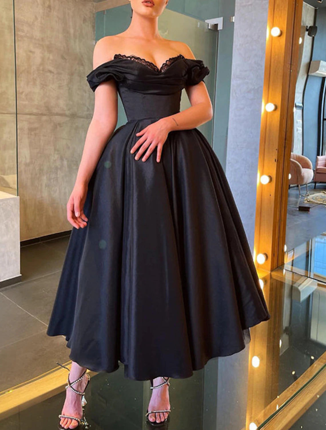 Women's Clothes For Work Events A-Line Prom Black Dress Vintage Dress Masquerade Wedding Party Tea Length Short Sleeve Off Shoulder Fall Wedding Guest Satin with Ruched