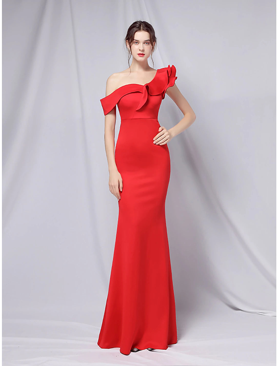 Women's Festive Attire Mermaid / Trumpet Evening Gown Empire Dress Wedding Guest Formal Evening Floor Length Short Sleeve One Shoulder Stretch Satin with Ruffles