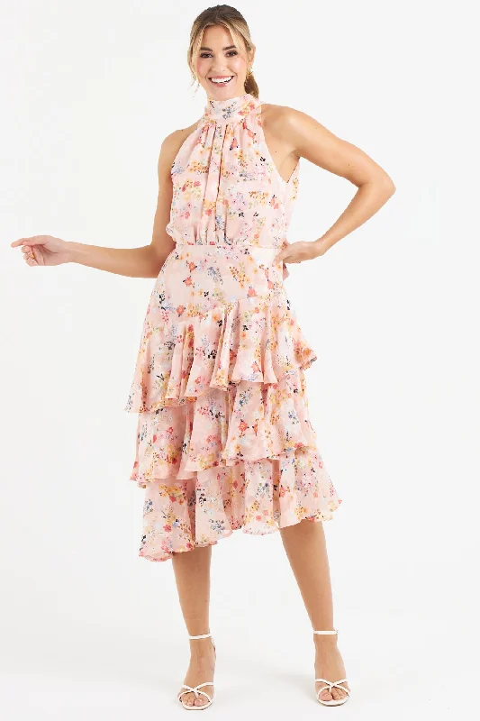 Women's Clothes For Work Pia Tiered Dress (Pink Floral)