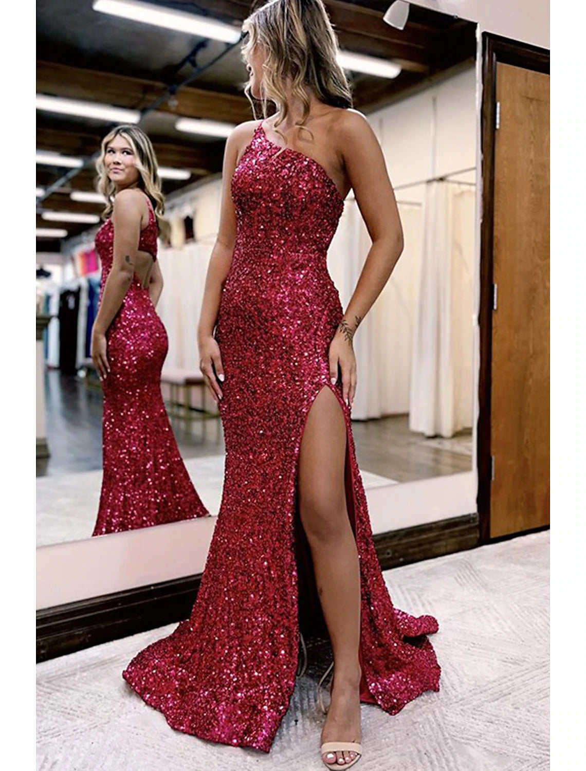 Women's Casual Outfit Mermaid / Trumpet Prom Dresses Sparkle & Shine Dress Formal Wedding Party Court Train Sleeveless One Shoulder Sequined with Sequin Slit