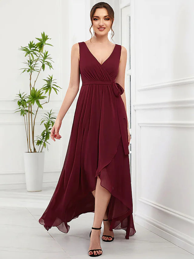 Women's Transitional Apparel Wedding Guest Dresses Elegant Dress Party Wear Asymmetrical Sleeveless V Neck Chiffon with Ruffles Strappy