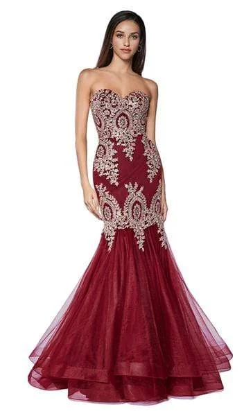 Women's Festive Attire Cinderella Divine - Lace Appliqued Mermaid Gown 9179 - 1 pc Burgundy-Gold In Size S Available