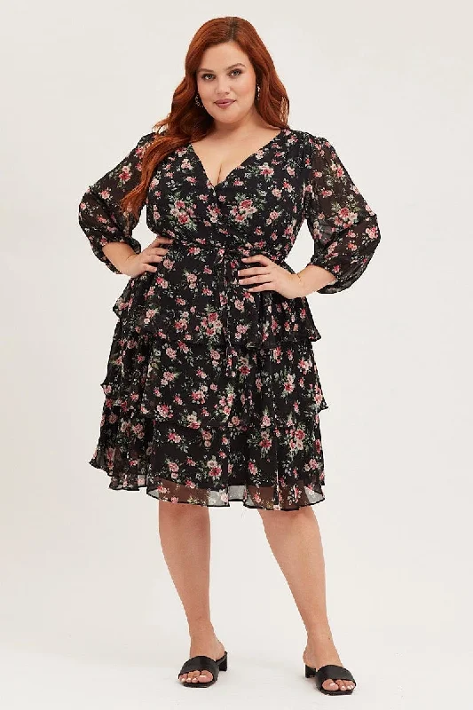 Women's Fashion Clothes Floral Print Midi Dress V-neck Long Sleeve