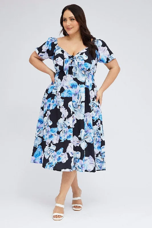 Women's Everyday Apparel Black Floral Midi Dress Tie Front Puff Sleeve