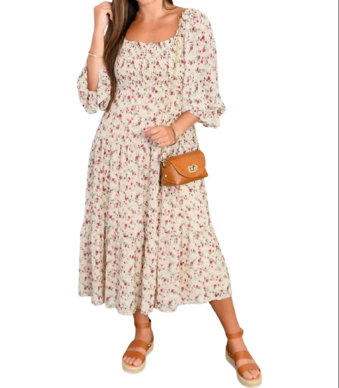 Women's Plus-Size Attire Meadow Muse Floral Midi Dress In White