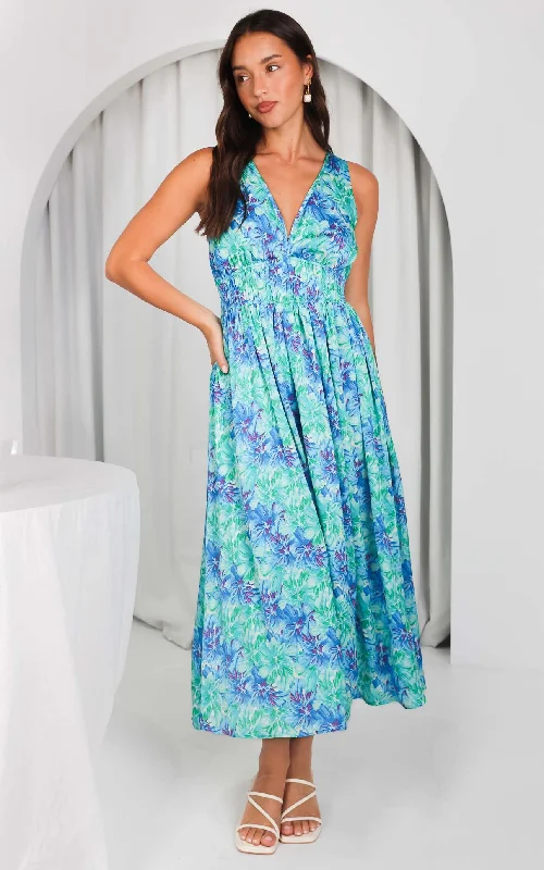 Women's Evening Clothes Monique Sleeveless Maxi Dress - Green Blue Floral