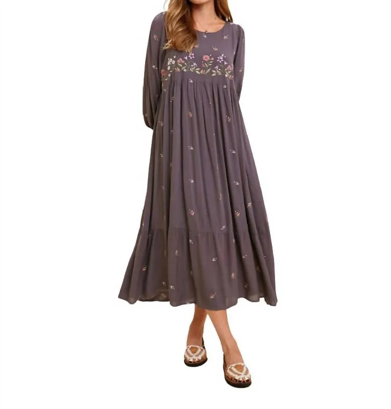 Women's High-Fashion Outfit Embroidered Maxi Dress In Grey Floral