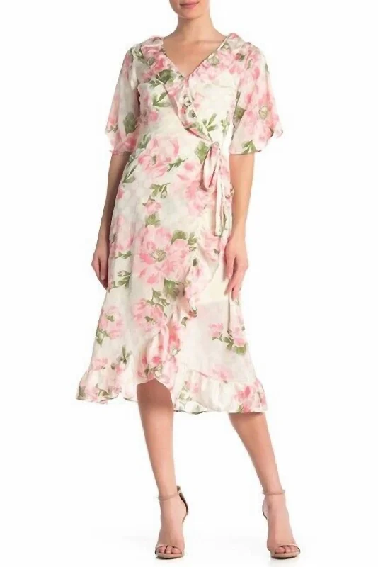 Women's Transitional Outfit Floral Short Sleeve Ruffle Wrap High Low Dress In Pink, Ivory