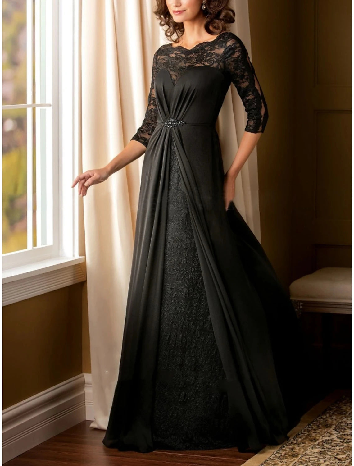 Vintage-Inspired Women's Apparel A-Line Mother of the Bride Dress Wedding Guest Elegant Scoop Neck Floor Length Chiffon Half Sleeve with Lace Beading Ruching