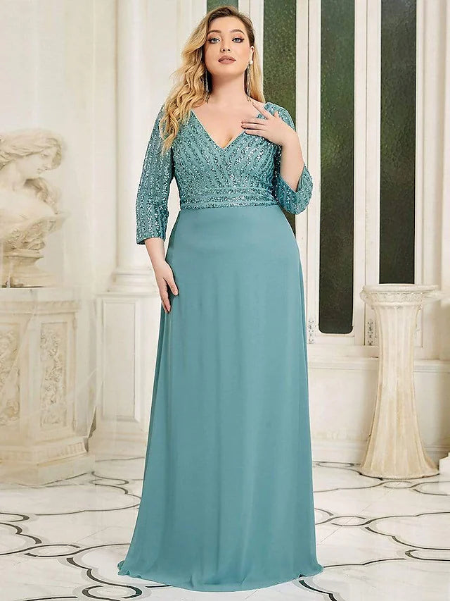 Charming Women's Garments Evening Gown Plus Size Dress Wedding Guest Floor Length 3/4 Length Sleeve V Neck Chiffon V Back with Sequin