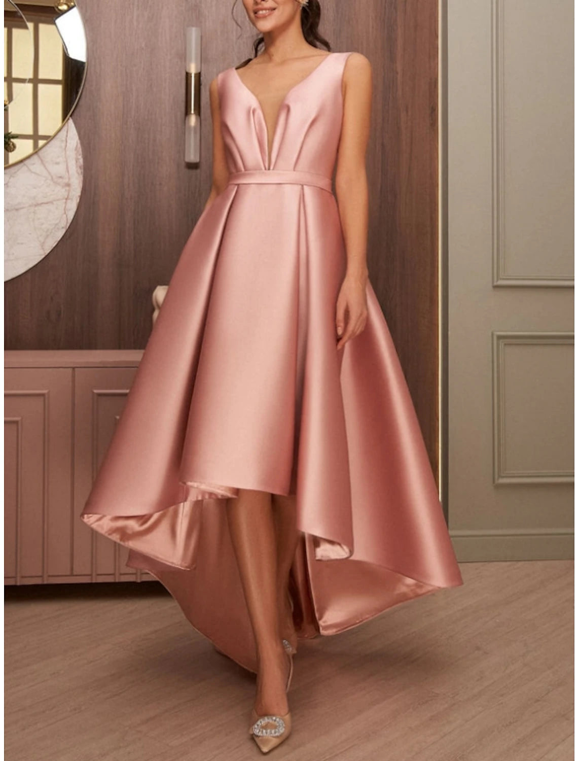 Women's Clothes For The Office A-Line Cocktail Dresses Elegant Dress Wedding Wedding Guest Asymmetrical Sleeveless V Neck Satin with Bow(s) Pleats