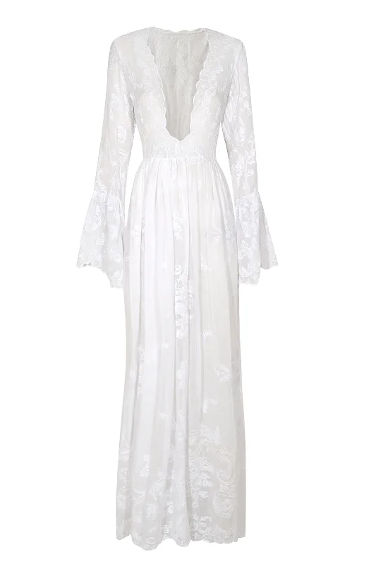 Women's Versatile Apparel 1940s White Floral Cotton Dress with Bell Sleeves