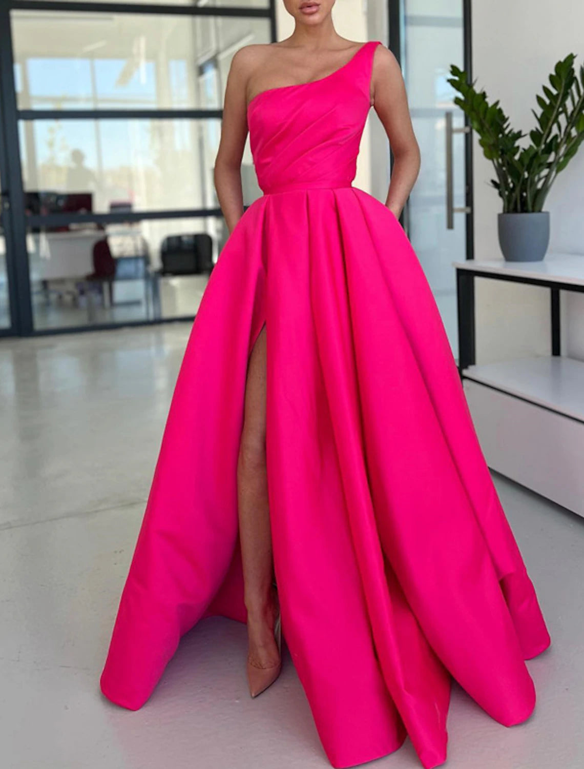 Women's Clothing Sets A-Line Prom Dresses Party Dress Formal Wedding Guest Sweep / Brush Train Sleeveless One Shoulder Satin with Ruched Slit