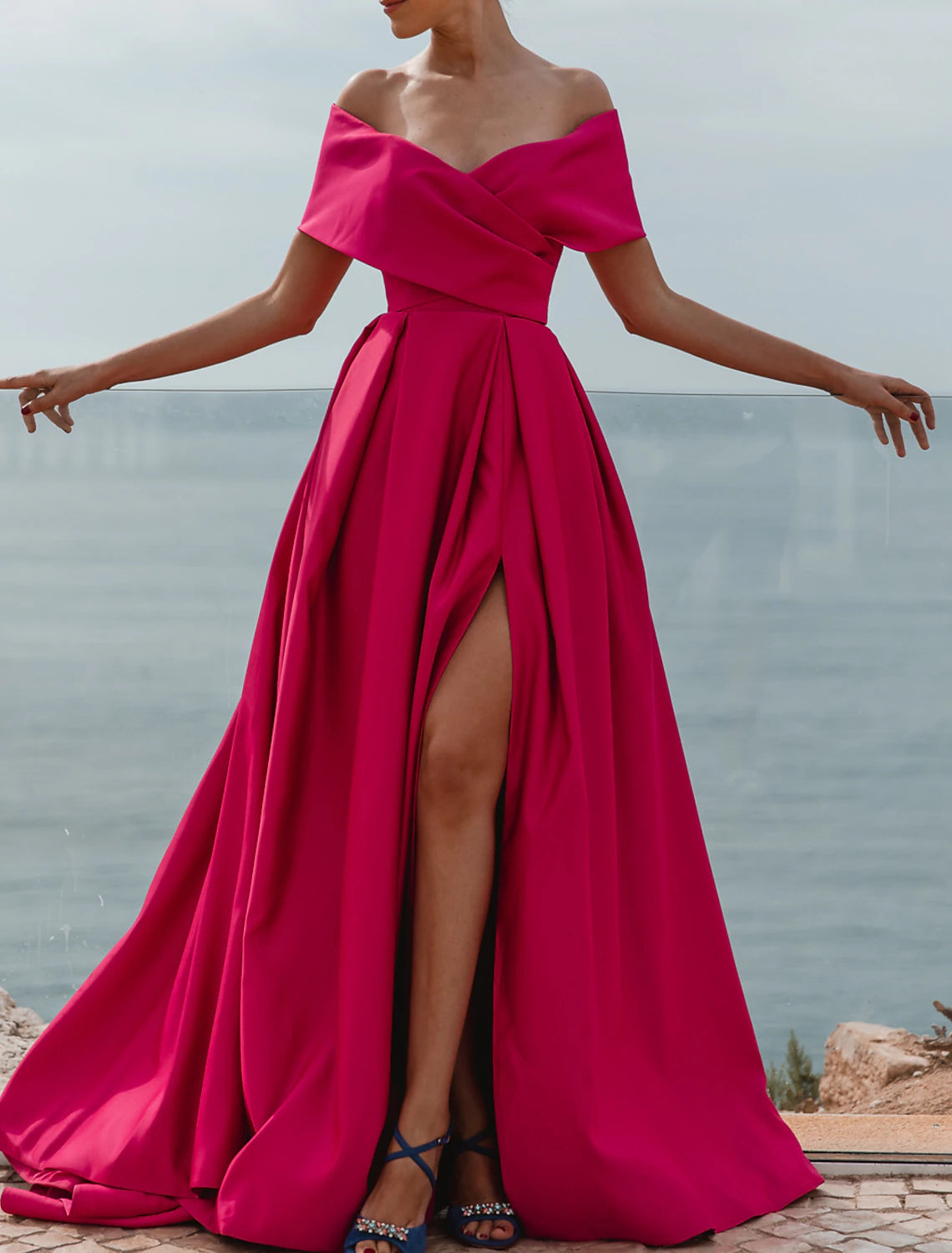 Women's Trendy Apparel A-Line Evening Gown Party Dress Celebrity Style Dress Formal Wedding Guest Floor Length Sleeveless Off Shoulder Dress Satin with Ruched Slit