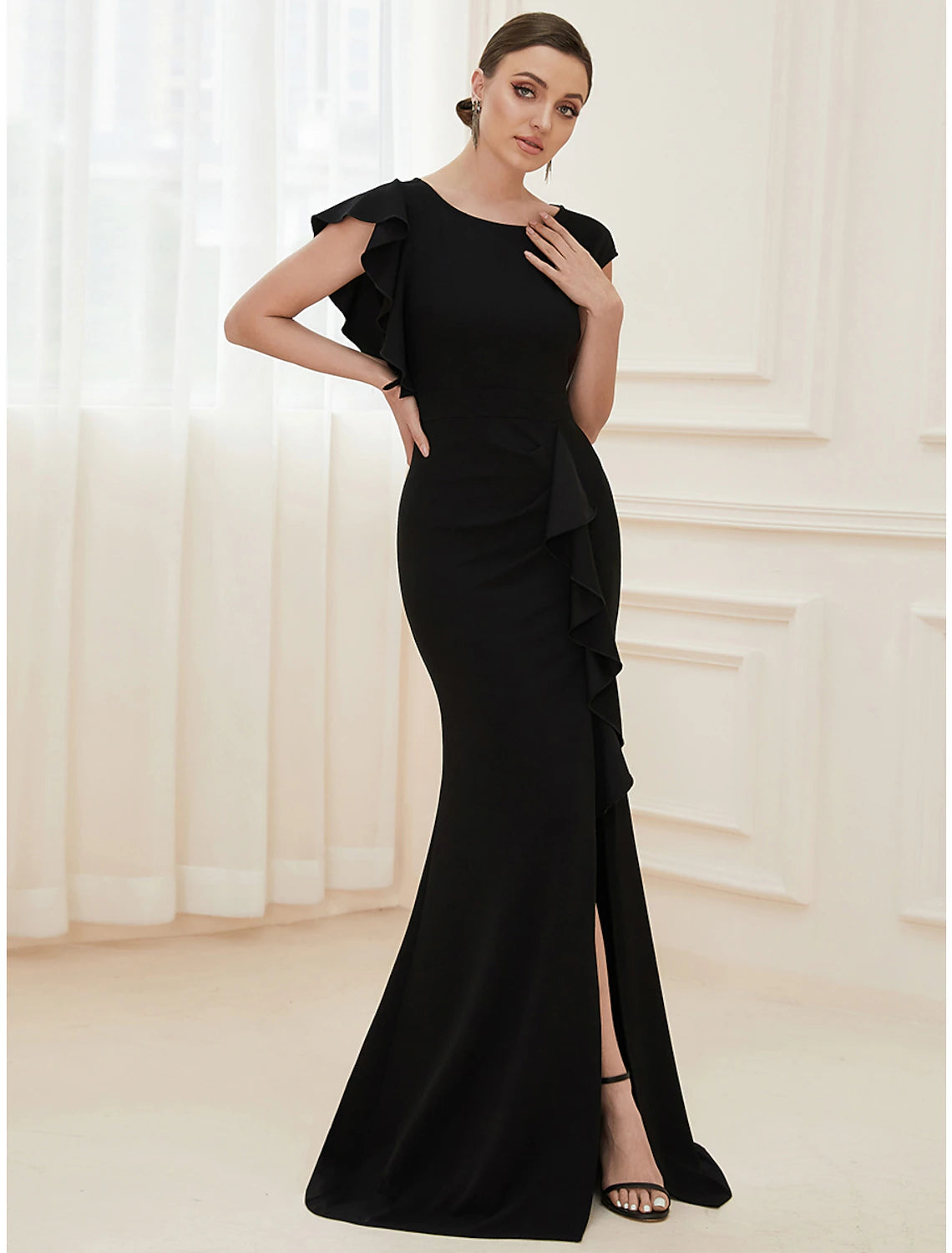 Fashion-Forward Women's Clothing Mermaid / Trumpet Evening Gown Vintage Dress Formal Wedding Guest Floor Length Short Sleeve Jewel Neck Nylon with Ruffles Slit