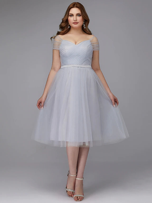 Women's Evening Clothing A-Line Elegant Dress Wedding Guest Tea Length Short Sleeve Off Shoulder Tulle with Sash Ribbon Criss Cross