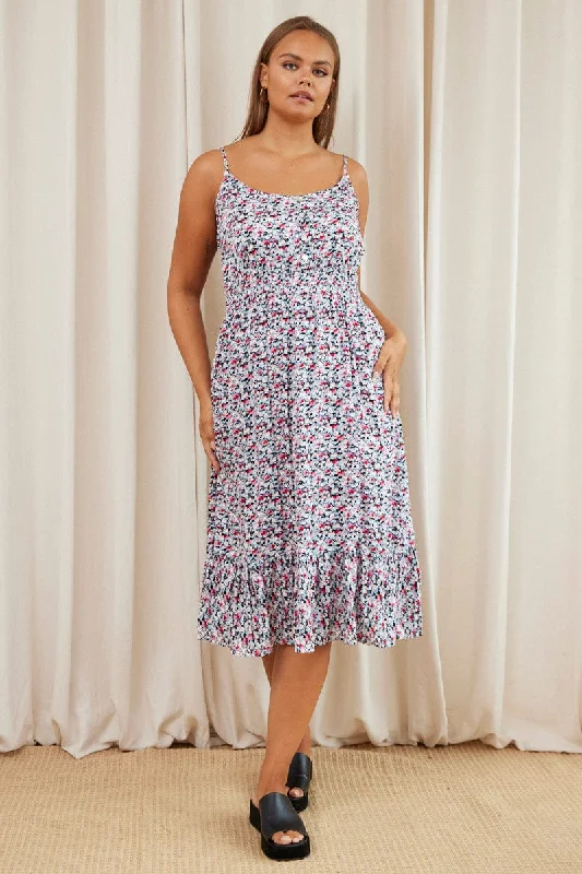 Women's Comfortable Clothes For Weekends Floral Print Midi Dress V-neck Sleeveless