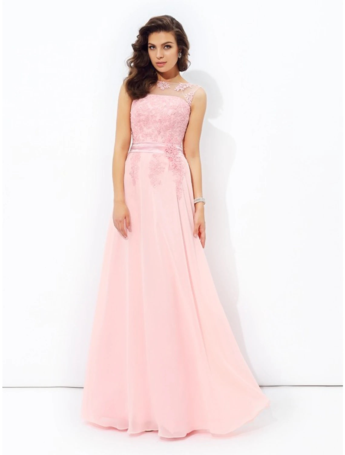 Women's Elegant Clothing Sets A-Line Prom Dresses Sparkle & Shine Dress Formal Wedding Guest Floor Length Sleeveless Jewel Neck Chiffon with Appliques