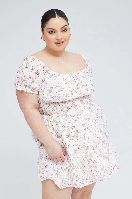 Plus-Size Women's Garments White Floral Fit And Flare Dress Short Sleeve