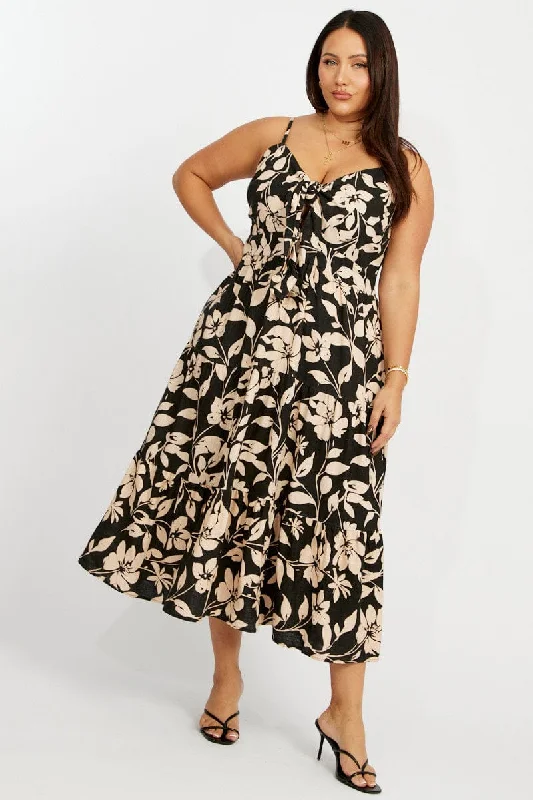 Plus-Size Women's Clothing Black Floral Midi Dress Sleeveless Front Tie