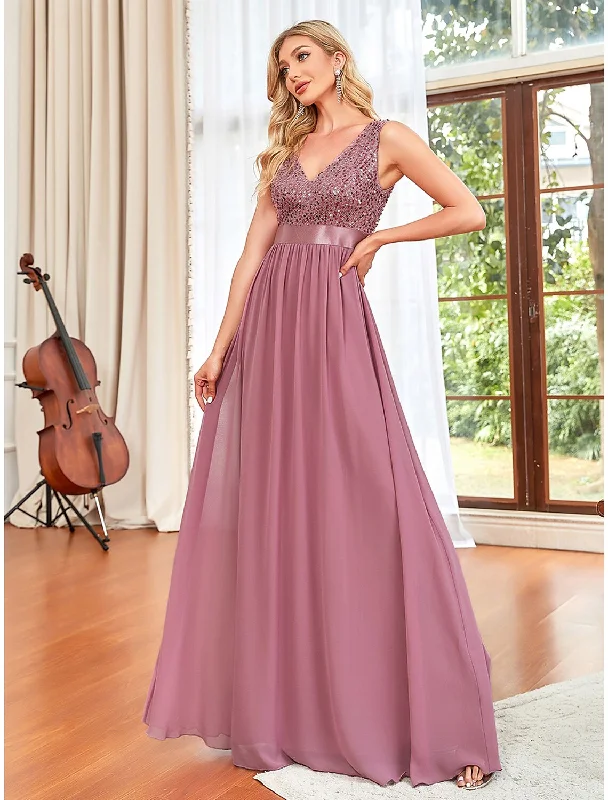 Charming Everyday Clothing For Women A-Line Prom Dresses Sparkle & Shine Dress Wedding Guest Prom Floor Length Sleeveless V Neck Chiffon V Back with Draping Pure Color