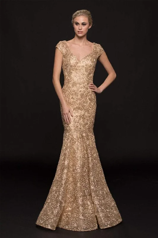 Women's High-Fashion Attire Marsoni by Colors M212 Fitted Lace V-Neck Mermaid Gown - 1 pc Gold in size 12 Available