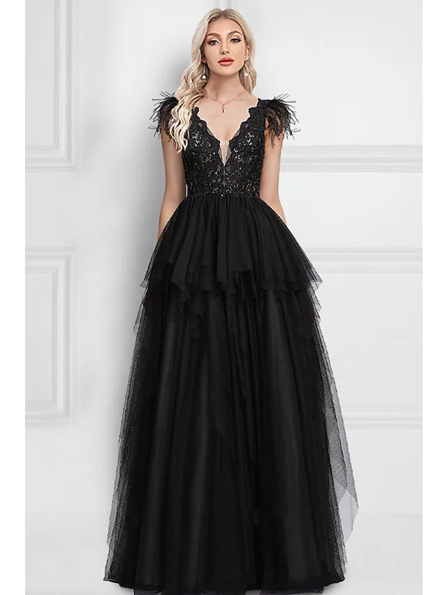 Women's Fashion Clothes Prom Dresses Black Dress Wedding Party Floor Length Sleeveless V Neck Tulle with Feather Appliques