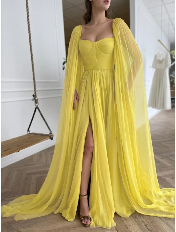 Women's Night-Out Outfit A-Line Prom Dresses Empire Dress Wedding Guest Engagement Court Train Long Sleeve Square Neck Tulle with Pleats Slit