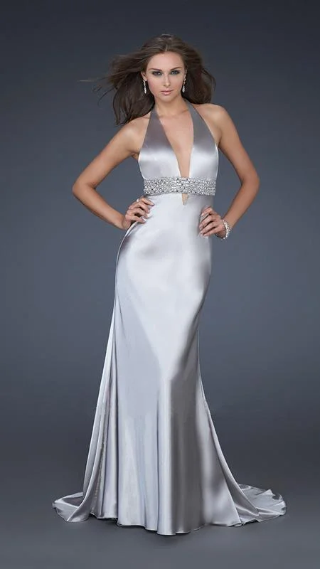 Casual Garments For Women La Femme 14743 Plunging Halter Embellished Waist Gown - 1 pc Silver in size 6 Available