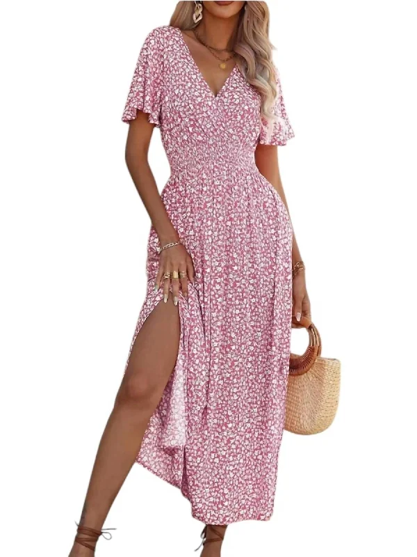 Stylish Women's Apparel Floral V Neck Midi Dress In Pink