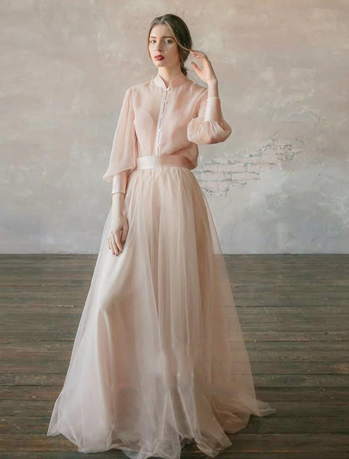 Women's Cozy Outfit For Lounging Two Piece Prom Dresses Empire Dress Wedding Guest Formal Evening Floor Length Long Sleeve Stand Collar Chiffon