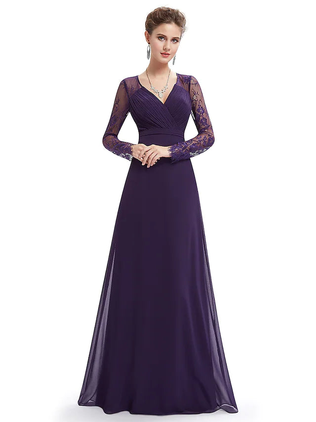 Affordable Women's Apparel Evening Gown Elegant Dress Wedding Guest Floor Length Long Sleeve V Neck Chiffon  Ruched Lace Insert