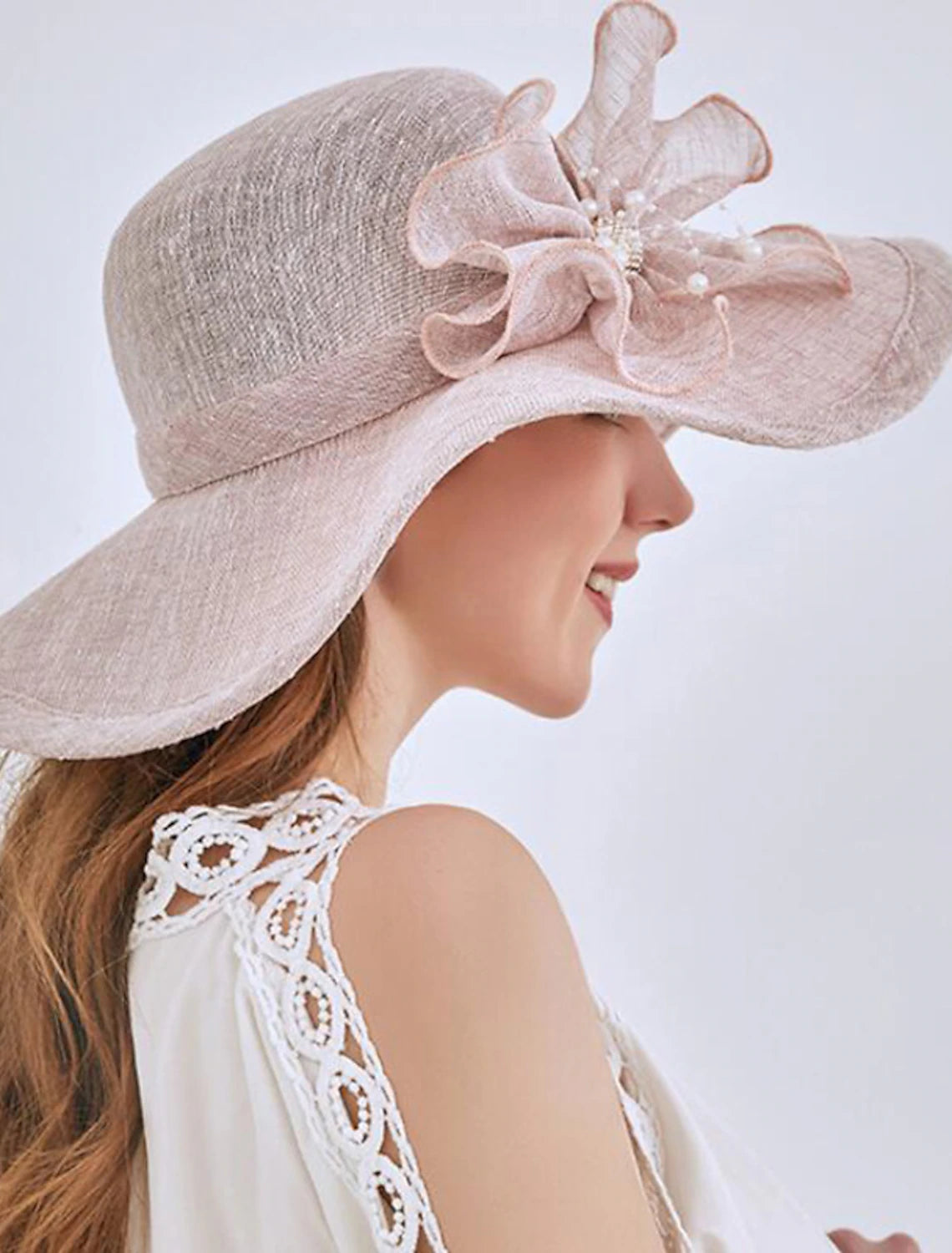 Women's Garments Headwear Tulle Imitation Pearl Bucket Hat Straw Hat Sun Hat Wedding Outdoor Melbourne Cup With Bowknot Imitation Pearl Headpiece Headwear