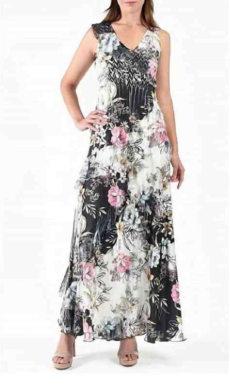 Women's Elegant Apparel Daisy Vine Floral Print Sleeveless V Neckline Ruffle Long Dress In Multi Floral